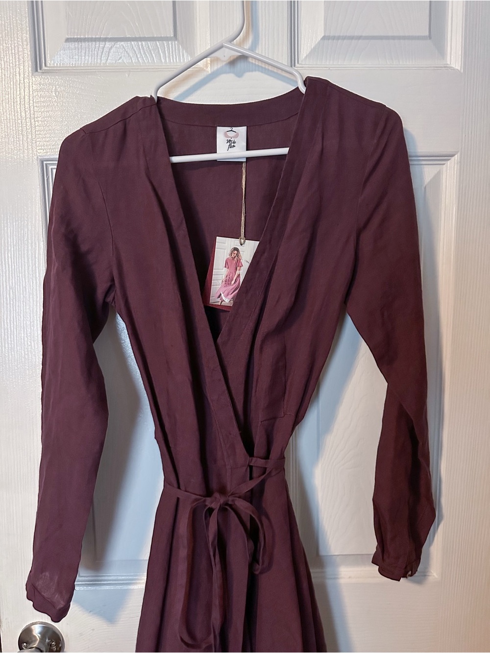 Son de Flor Deep Purple Wrap Midi Linen Dress XXS - Picture 2 of 6